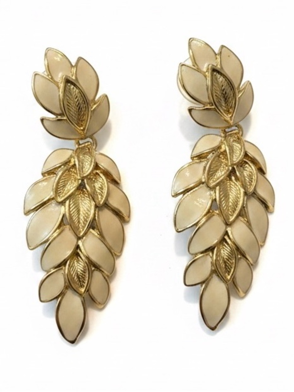 Trifari Gold-Tone Leaf Drop Earrings with Cream Enamel Vintage 1980’s